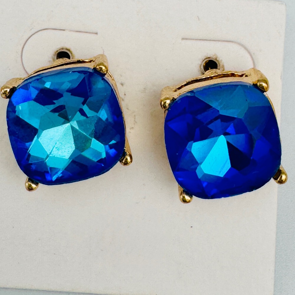 Blue Cushion Cut Crystal Stud Earrings Gold Tone Square Statement Large 14mm
